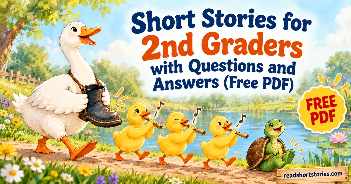Gus the goose and pond animals making a funny musical parade; Grade 2 stories with a free PDF.