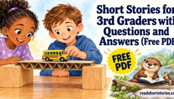 Children testing a cardboard bridge and Moss reading beside Fern; Grade 3 stories with a free PDF.