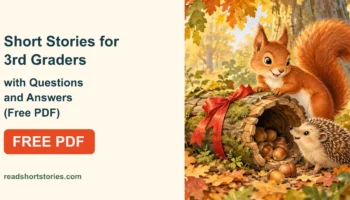 Cover of Short Stories for 3rd Graders with Questions and Answers showing a squirrel, hedgehog, hollow log, red ribbon, acorns, a Free PDF badge, and readshortstories.com.