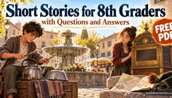 Teen performers beside a fountain and a blank brass forecast cabinet, with a route map and hook-and-loop fastener, for the Grade 8 story collection.