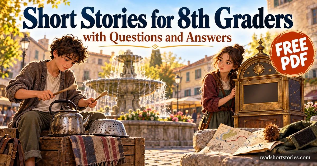 Teen performers beside a fountain and a blank brass forecast cabinet, with a route map and hook-and-loop fastener, for the Grade 8 story collection.