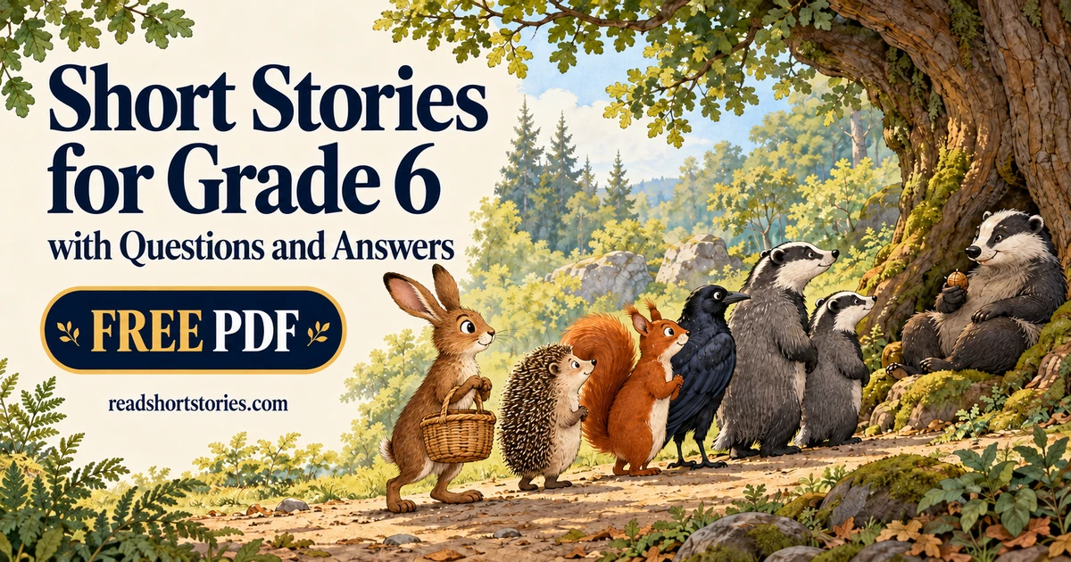 Pippa the hare and woodland animals queue beside a seated badger; Grade 6 stories title, FREE PDF label and readshortstories.com credit.
