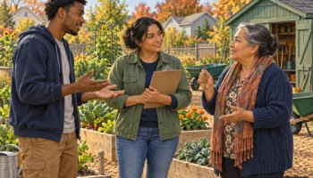 A woman holding a clipboard discusses garden scheduling with two volunteers near raised flower beds and a green tool shed.