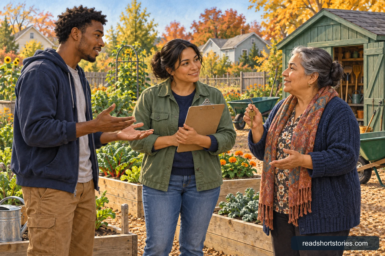 A woman holding a clipboard discusses garden scheduling with two volunteers near raised flower beds and a green tool shed.