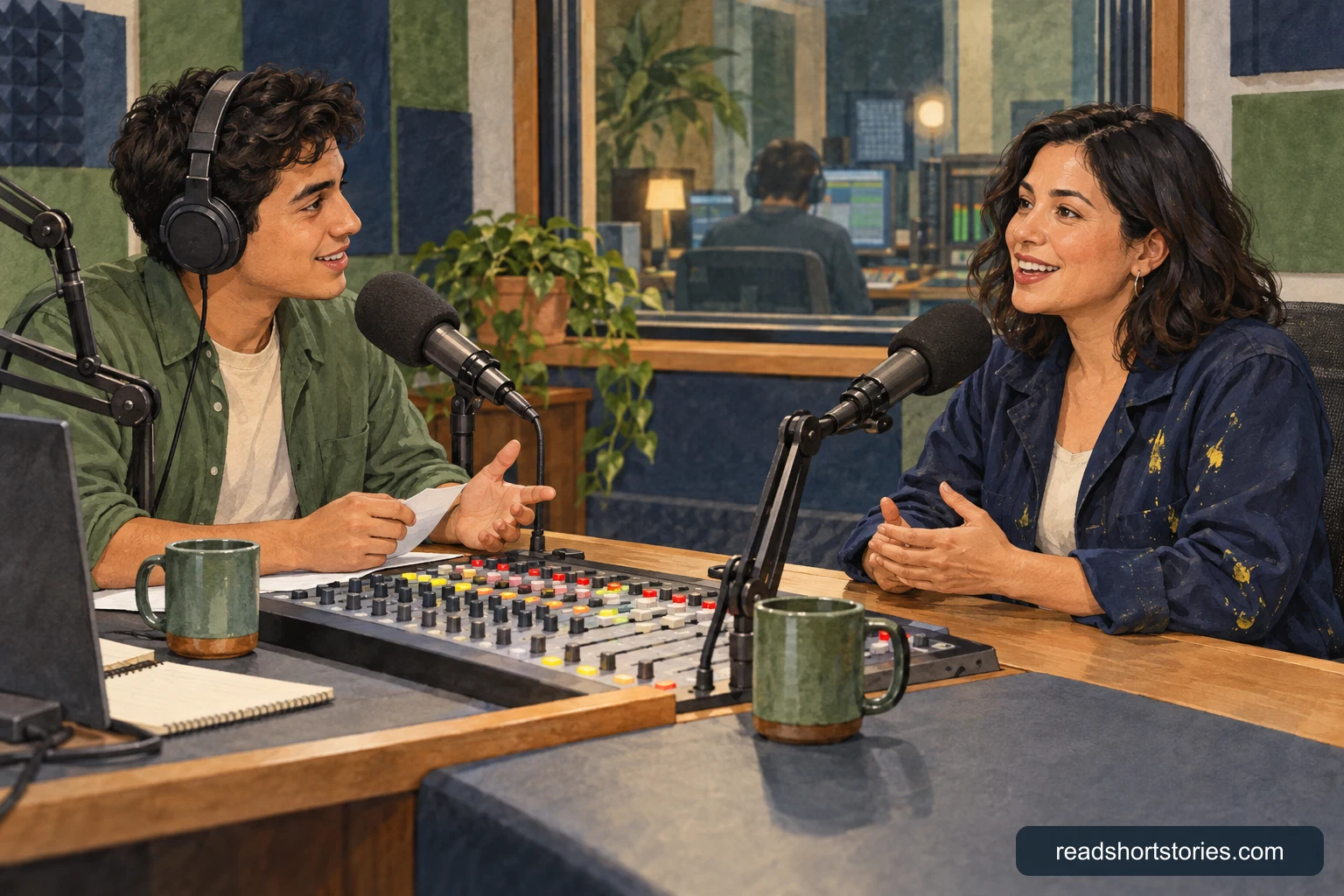 A radio host and a female artist talking into studio microphones inside a community broadcast booth with an audio board.