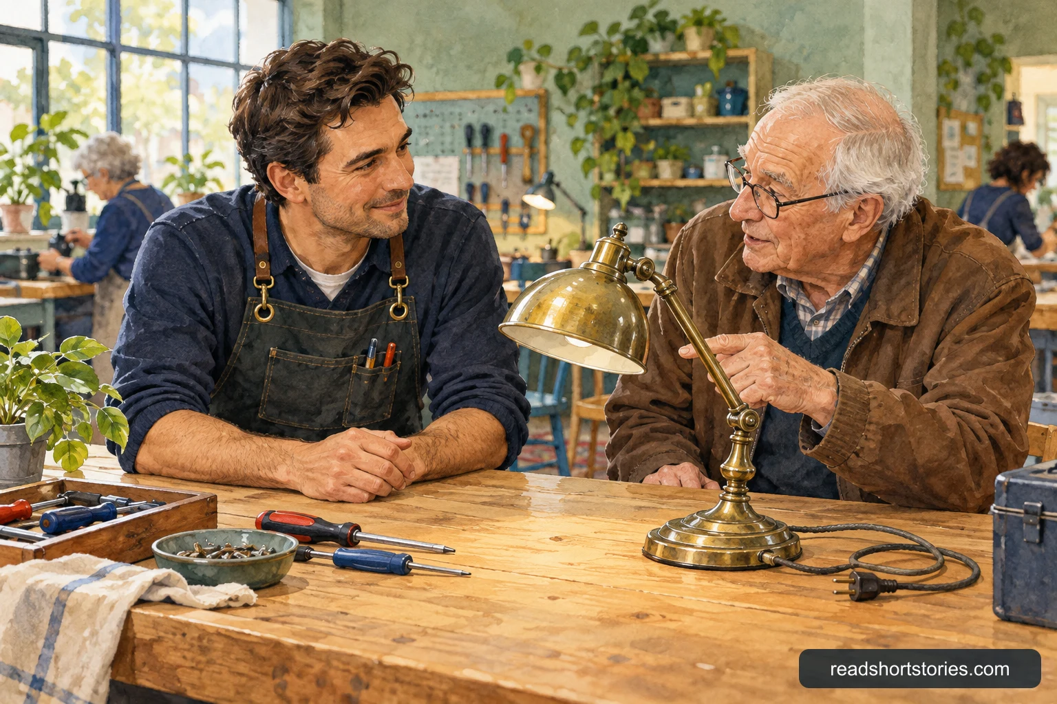A male volunteer repair technician and an older man discussing a vintage lamp at a community workshop table.
